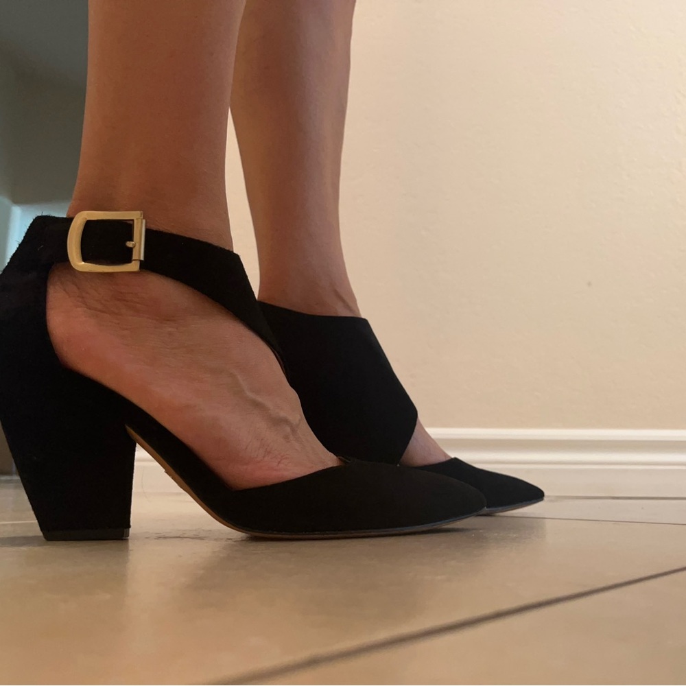 Vince Camuto Signature Black Suede Shoes with Gold Buckle Ankle Strap Si… - Picture 4 of 8